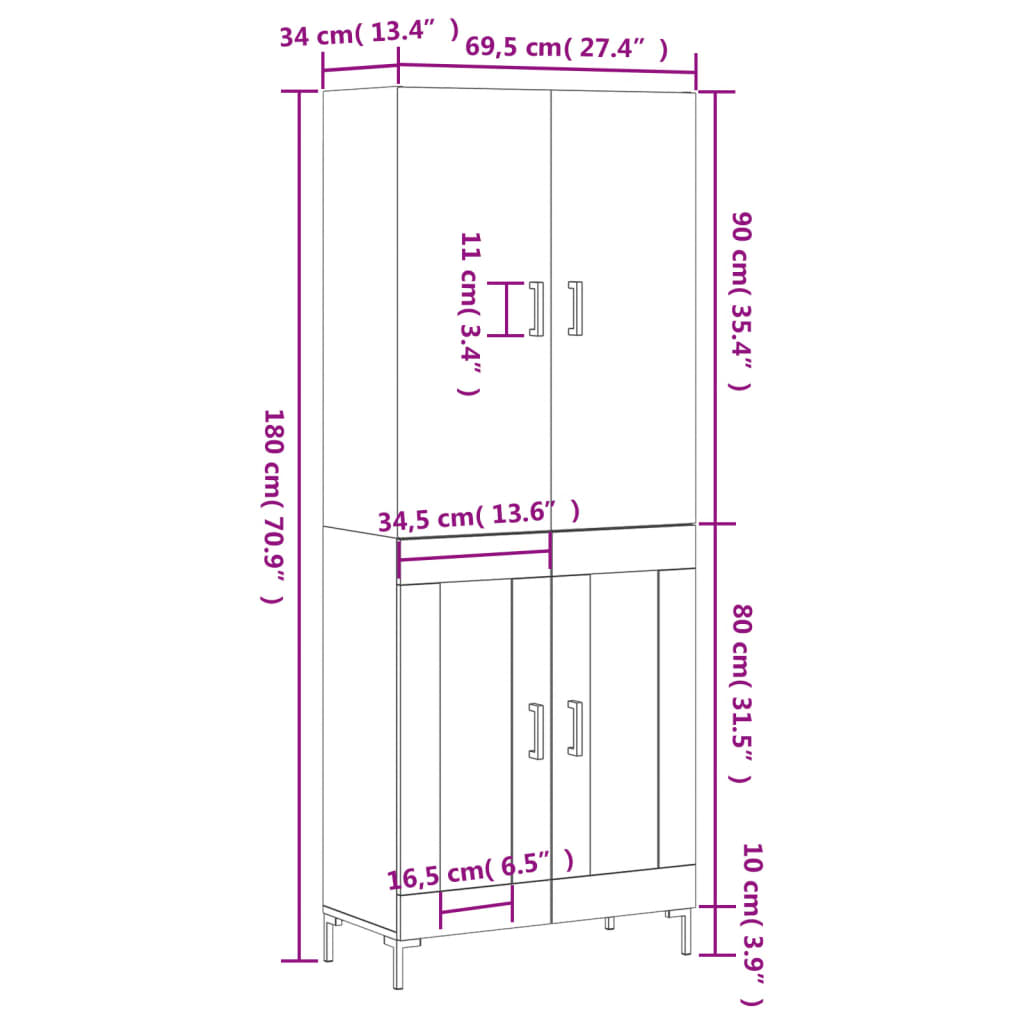 vidaXL Visoka omara bela 69,5x34x180 cm inženirski les