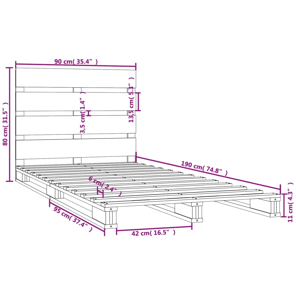 vidaXL Posteljni okvir 90x190 cm trdna borovina 3FT