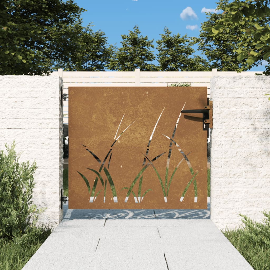 vidaXL Vrtna vrata 85x100 cm corten jeklo dizajn trave