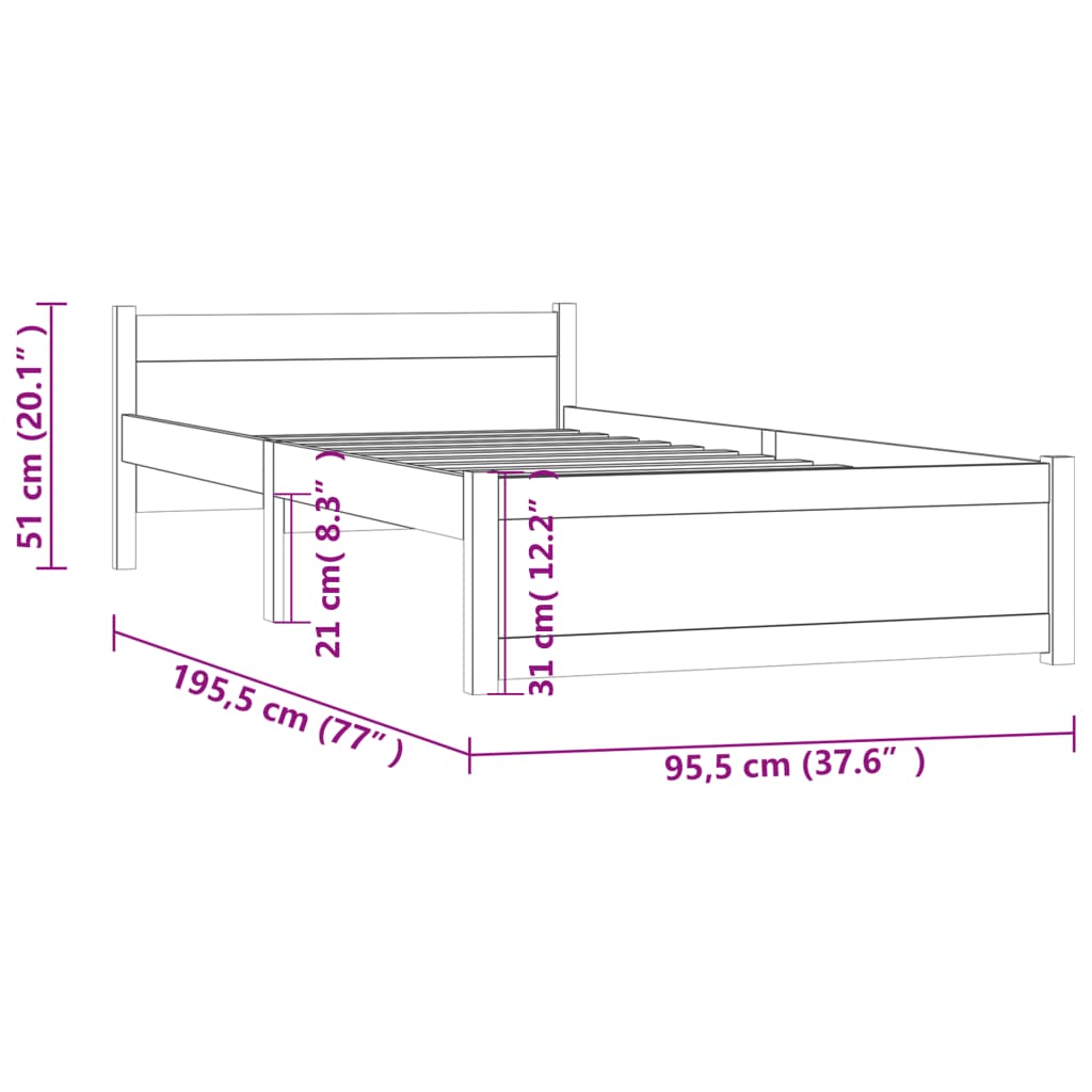 vidaXL Posteljni okvir bel iz trdnega lesa 90x190 cm