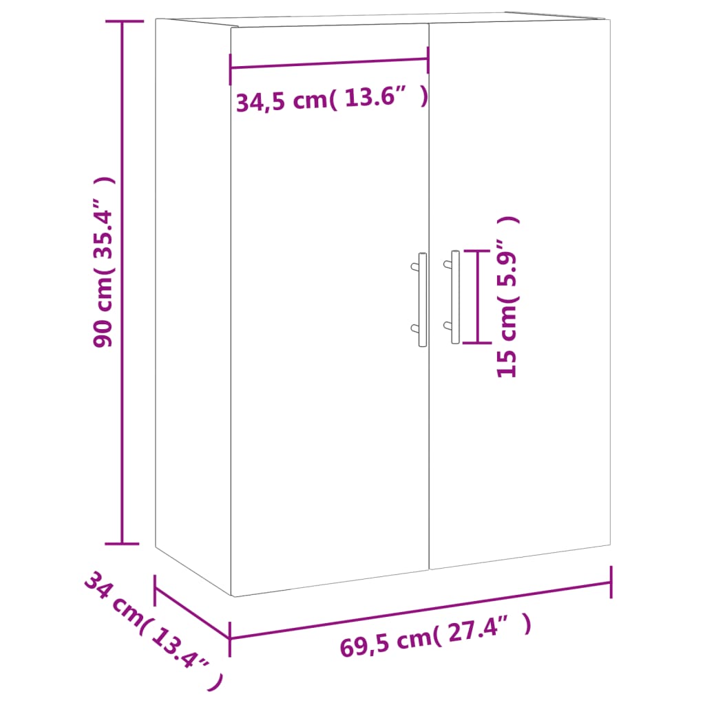 vidaXL Stenska omarica visok sijaj bela 69,5x34x90 cm