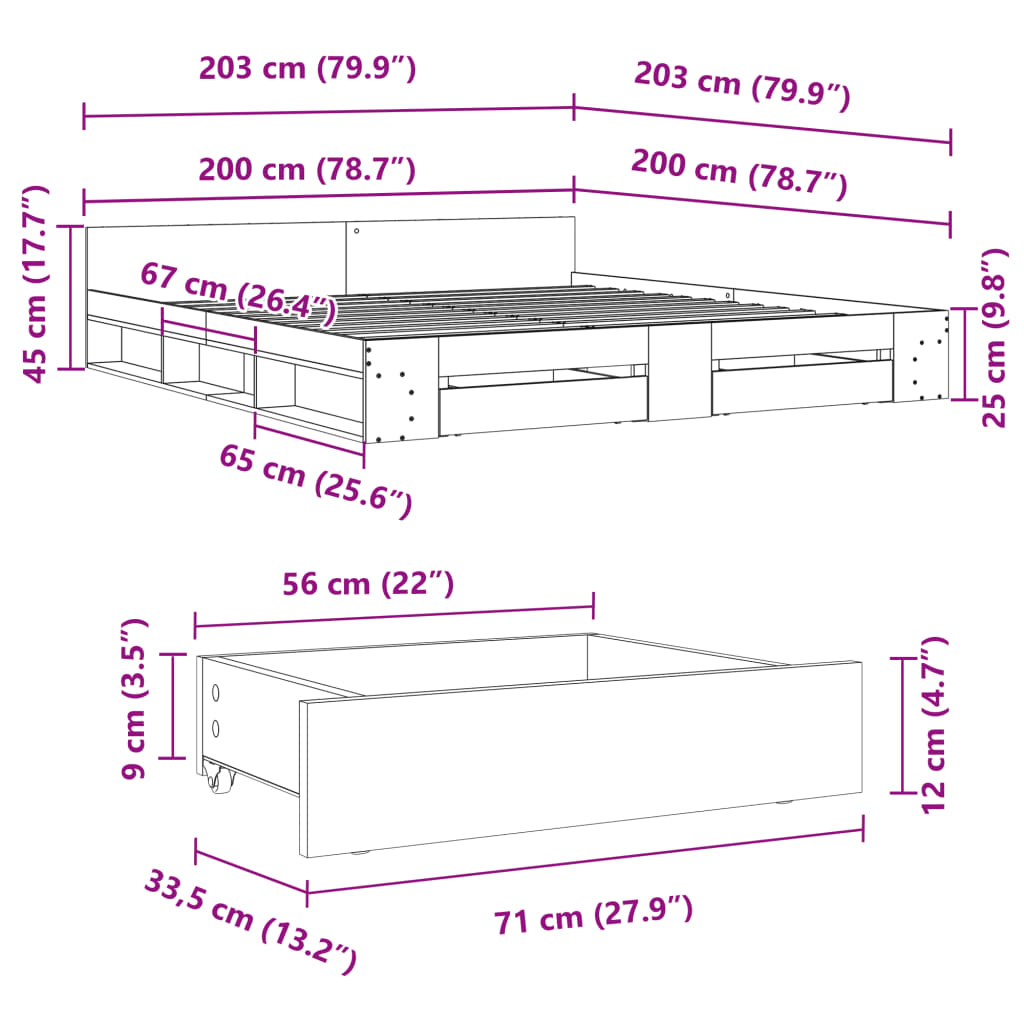 vidaXL Posteljni okvir s predali sonoma hrast 200x200cm inženirski les