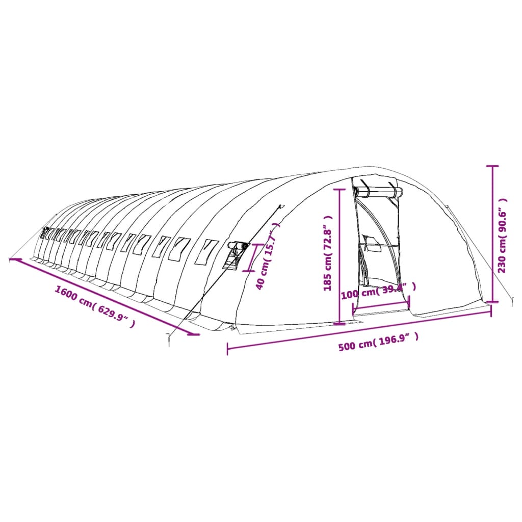 vidaXL Rastlinjak z jeklenim ogrodjem zelen 80 m² 16x5x2,3 m