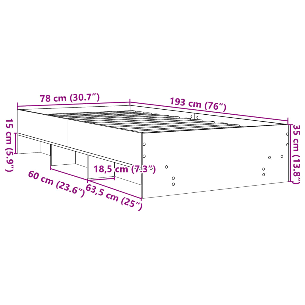 vidaXL Posteljni okvir brez vzmetnice hrast 75x190 cm inženirski les