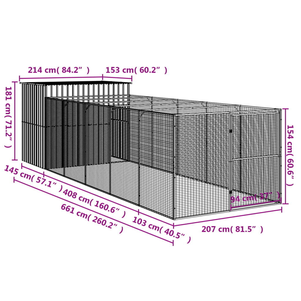 vidaXL Pasja uta z izhodom antracitna 214x661x181 cm pocinkano jeklo