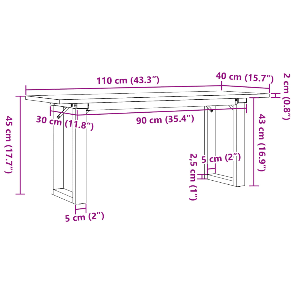 vidaXL Klubska mizica O okvir 110x40x45 cm trdna borovina lito železo