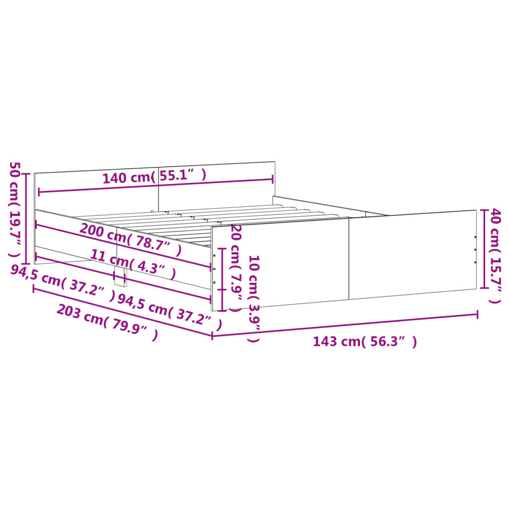 vidaXL Posteljni okvir z vzglavjem in vznožjem sonoma hrast 140x200 cm