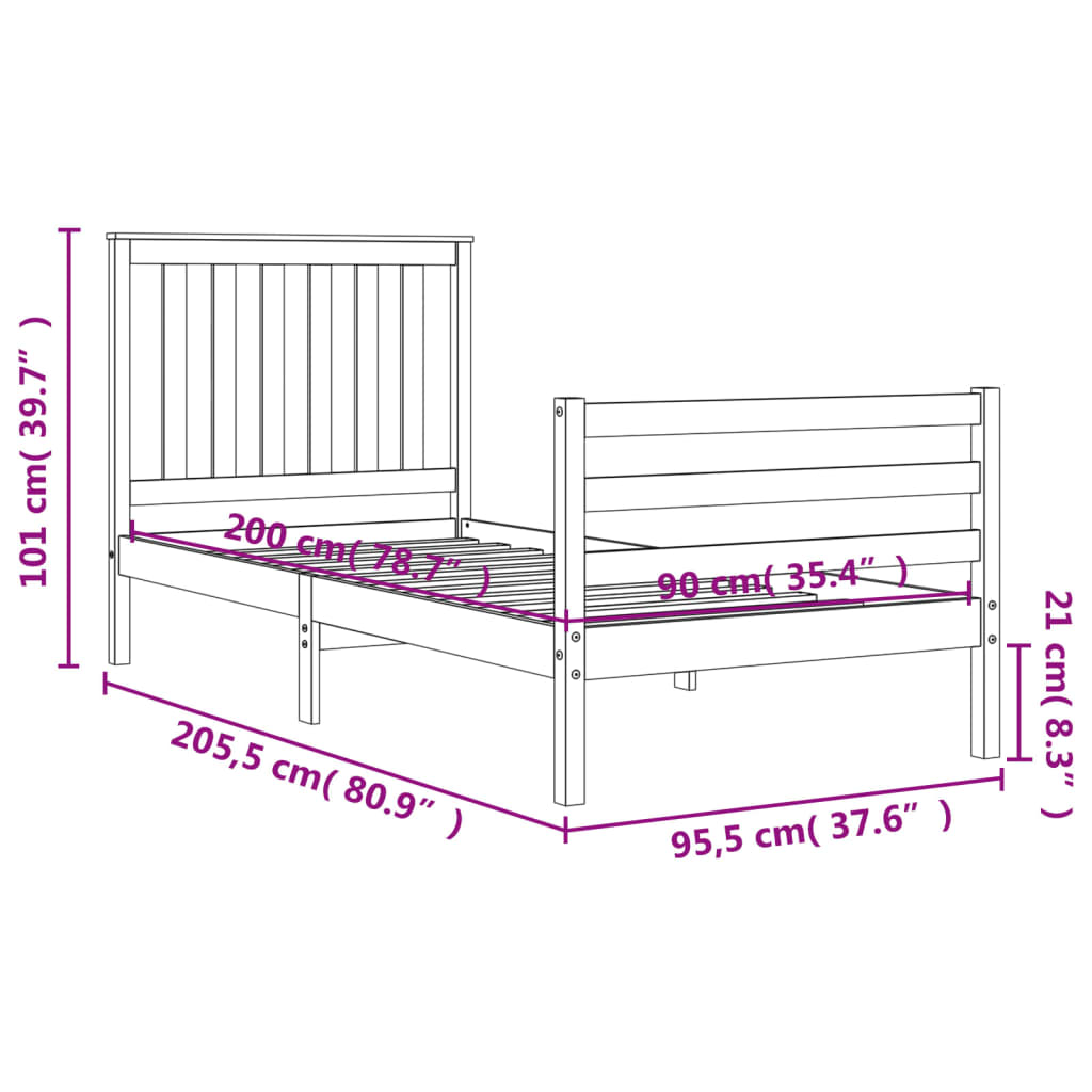 vidaXL Posteljni okvir z vzglavjem bel 90x200 cm trden les