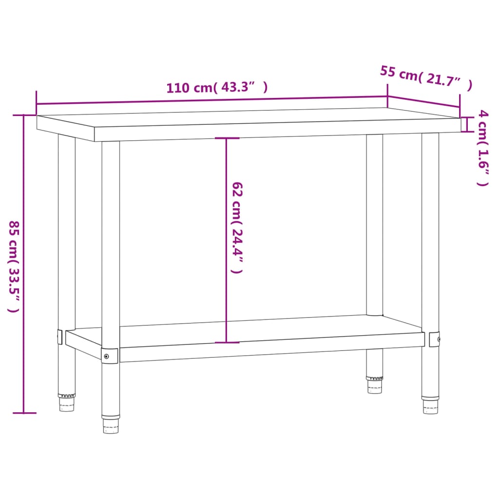 vidaXL Kuhinjska delovna miza 110x55x85 cm nerjaveče jeklo