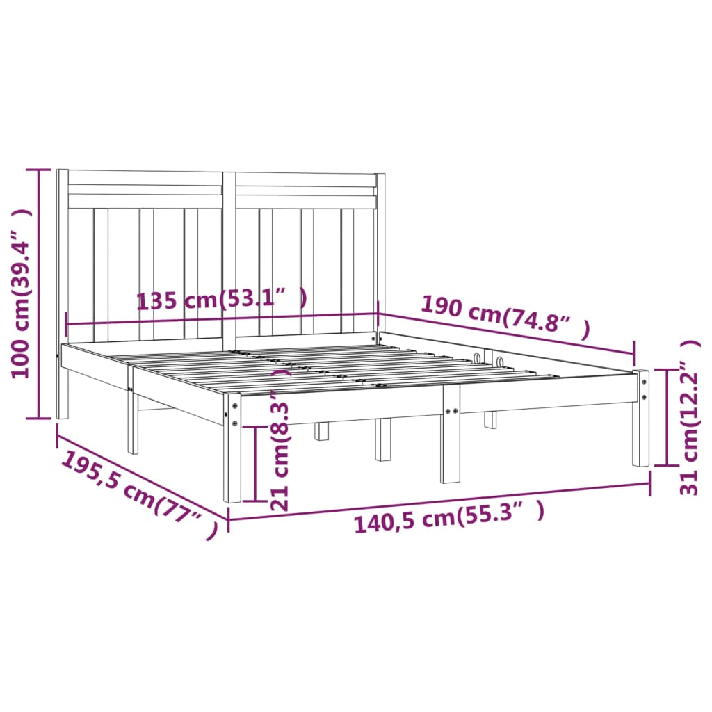 vidaXL Posteljni okvir črn iz trdnega lesa 135x190 cm