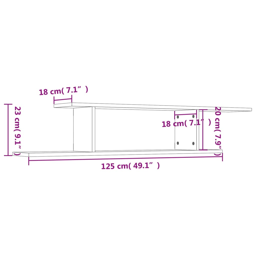 vidaXL Stenska TV polica sonoma hrast 125x18x23 cm iverna plošča