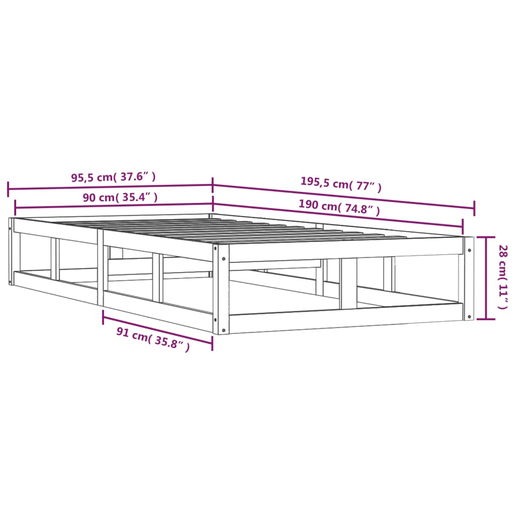 vidaXL Posteljni okvir 90x190 cm trdnega lesa