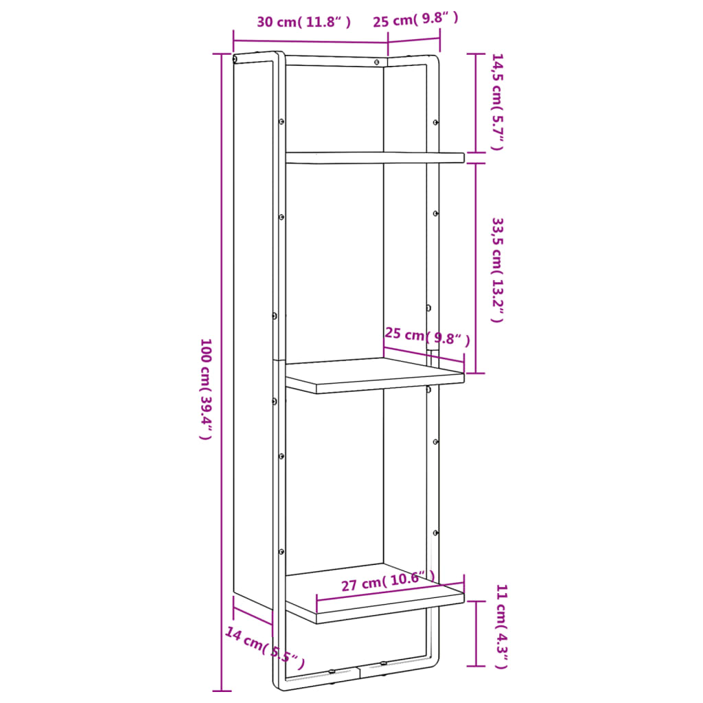 vidaXL Stenska polica 3-nadstropna črna 30x25x100 cm inženirski les