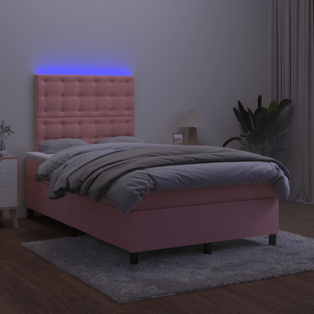 vidaXL Box spring postelja z vzmetnico LED roza 120x190 cm žamet