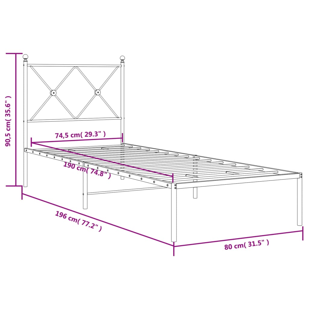 vidaXL Kovinski posteljni okvir z vzglavjem črn 75x190 cm