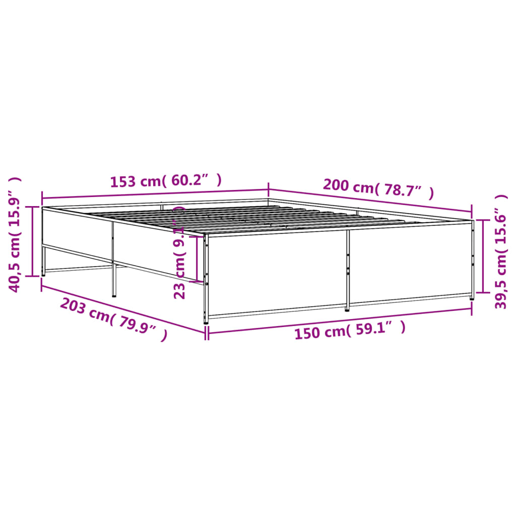 vidaXL Posteljni okvir dimljeni hrast 150x200 cm inž. les in kovina