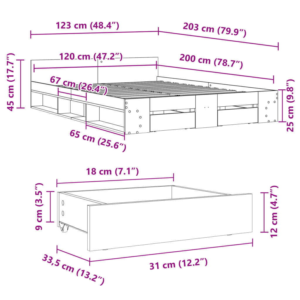 vidaXL Posteljni okvir s predali bel 120x200 cm inženirski les