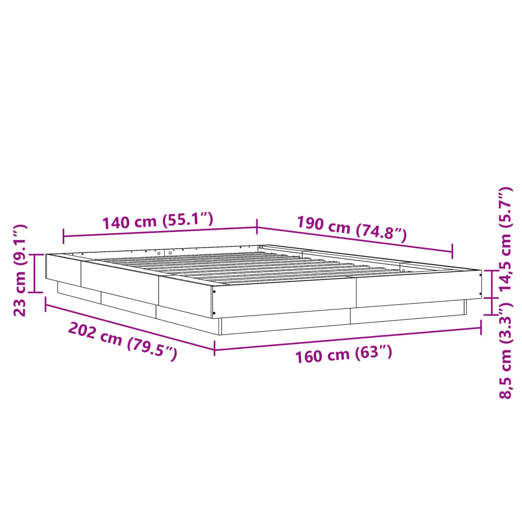 vidaXL Posteljni okvir z LED lučkami rjavi hrast 140x190 cm inž. les