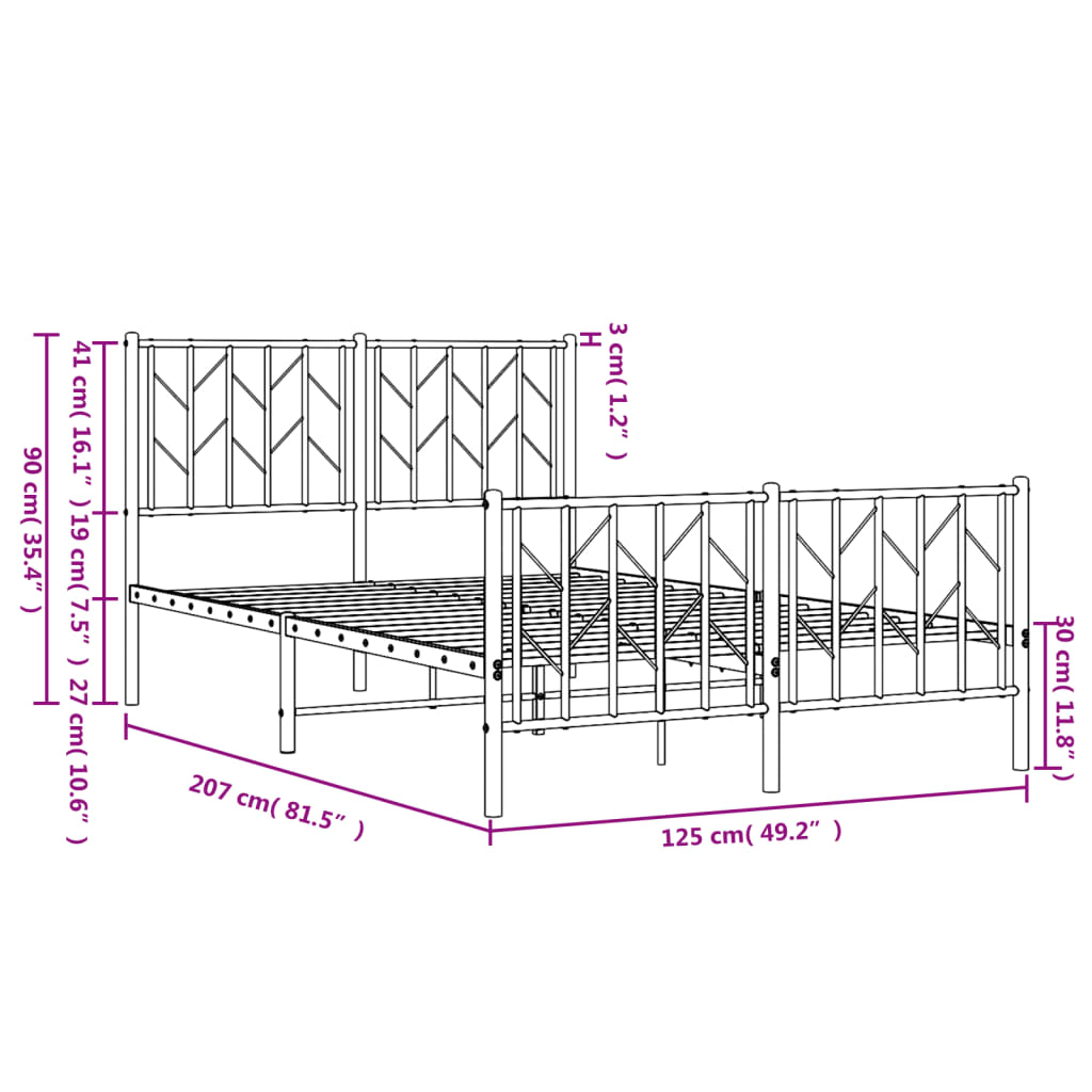 vidaXL Kovinski posteljni okvir z vzglavjem in vznožjem črn 120x200 cm