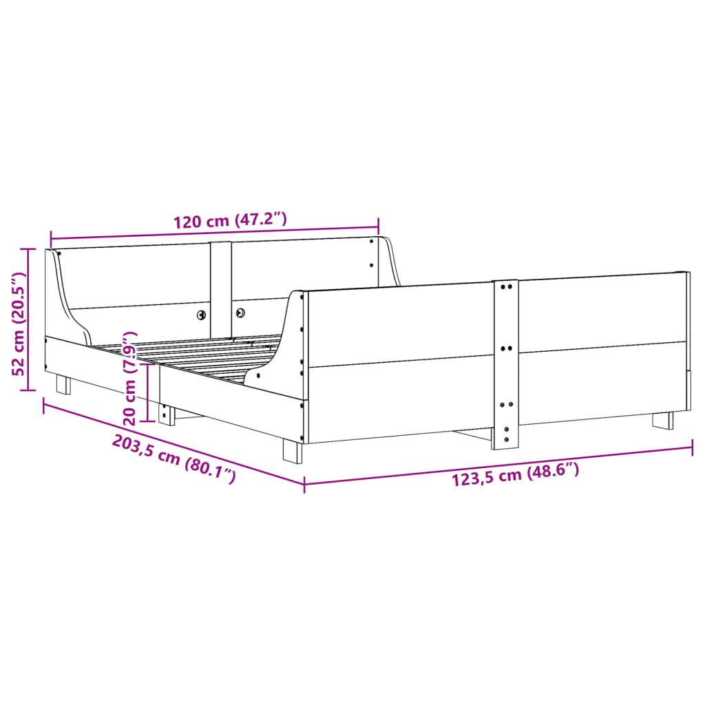 vidaXL Posteljni okvir brez vzmetnice bel 120x200 cm trdna borovina