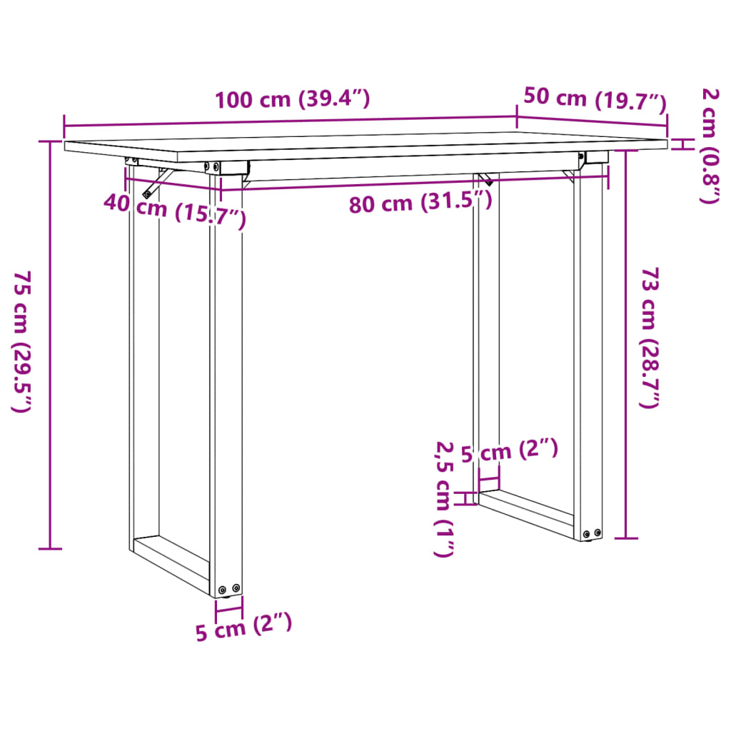 vidaXL Jedilna miza O okvir 100x50x75 cm trdna borovina lito železo