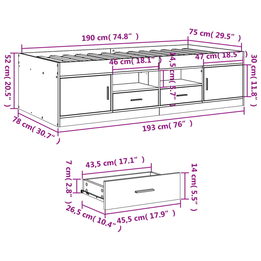 vidaXL Dnevna postelja s predali brez vzmetnice siva sonoma 75x190 cm