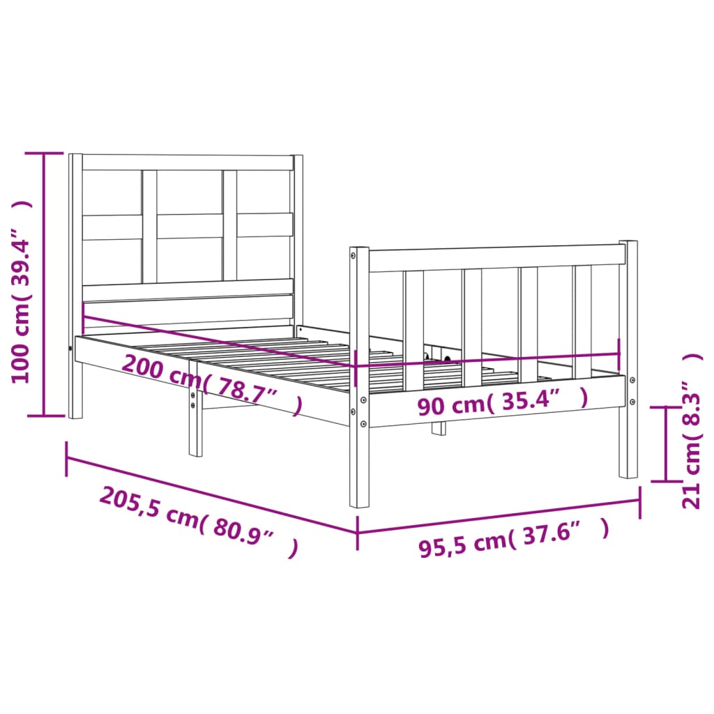 vidaXL Posteljni okvir z vzglavjem črn 90x200 cm trden les