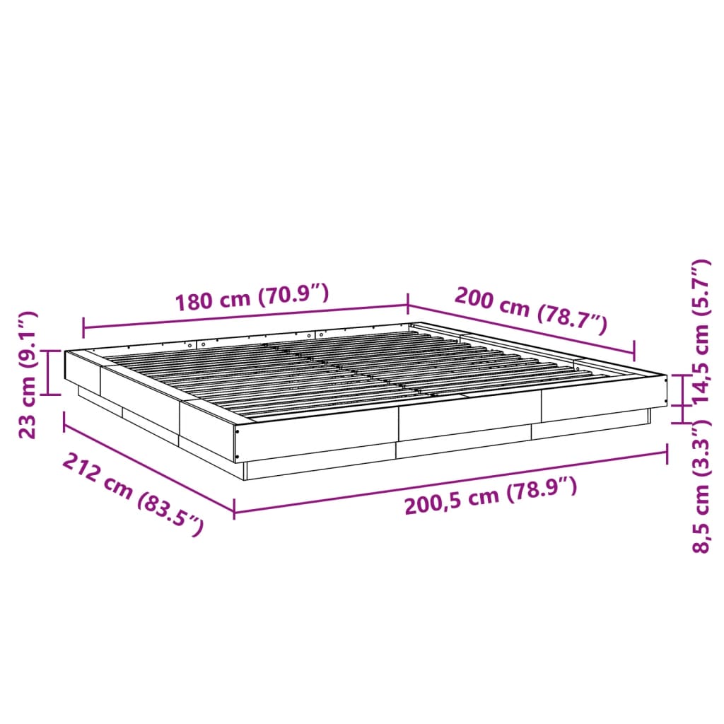 vidaXL Posteljni okvir z LED lučkami betonsko siv 180x200 cm inž. les