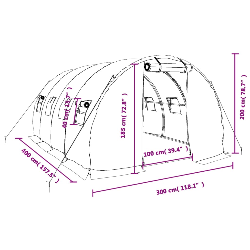 vidaXL Rastlinjak z jeklenim okvirjem bel 12 m² 4x3x2 m