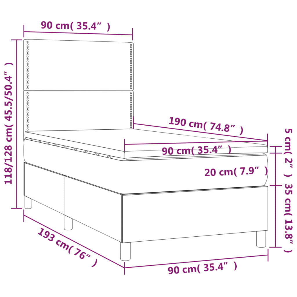 vidaXL Box spring postelja z vzmetnico LED tem. zelena 90x190 cm žamet