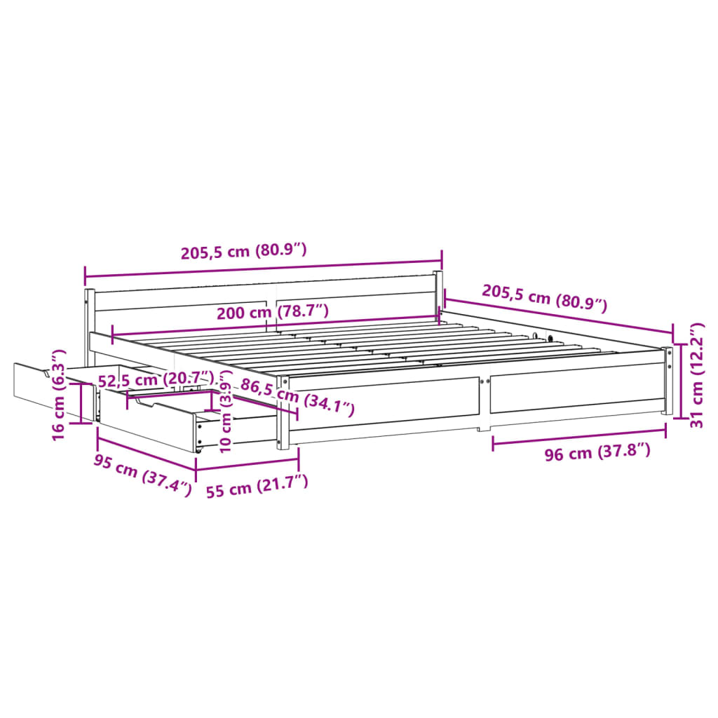 vidaXL Posteljni okvir brez vzmetnice bel 200x200 cm trdna borovina