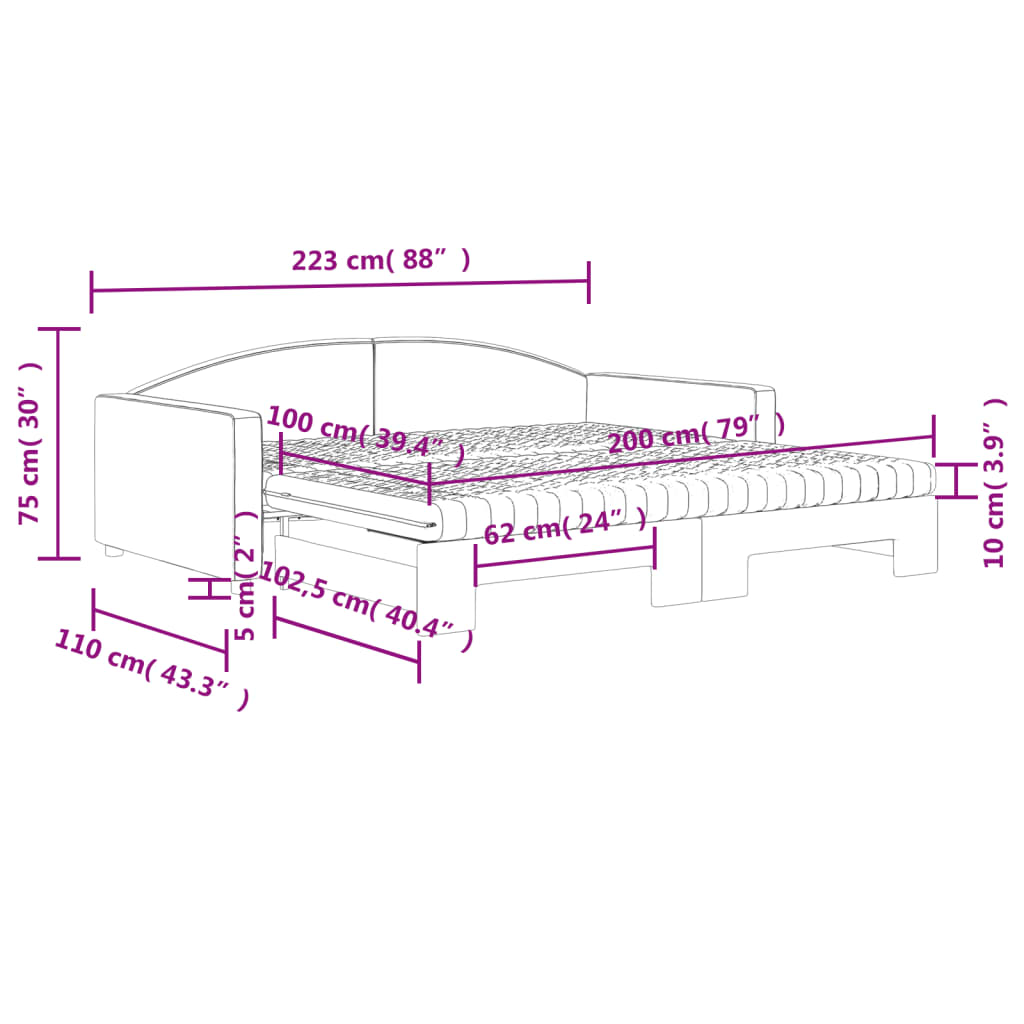 vidaXL Izvlečna dnevna postelja z vzmetnicami črna 100x200 cm blago