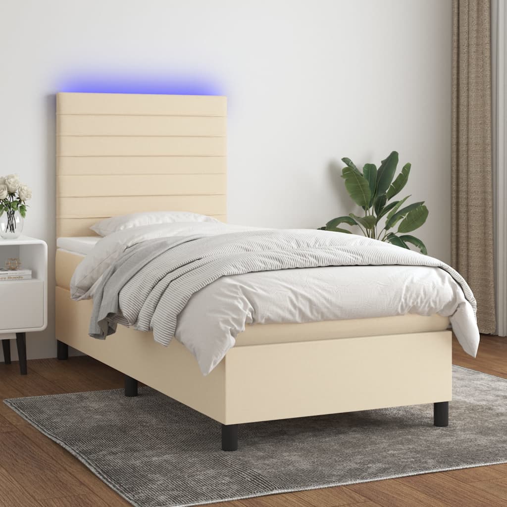 vidaXL Box spring postelja z vzmetnico LED krem 90x190 cm blago