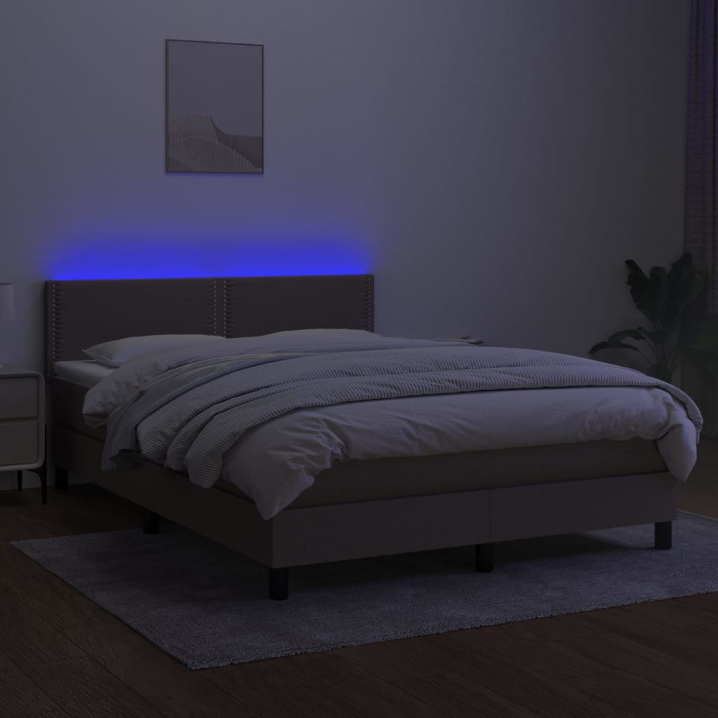 vidaXL Box spring postelja z vzmetnico LED taupe 140x200 cm blago