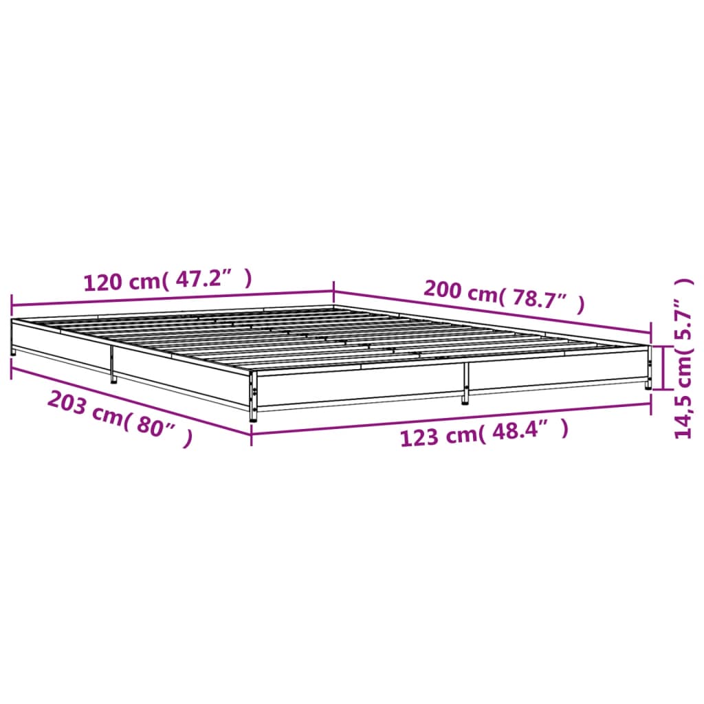 vidaXL Posteljni okvir dimljeni hrast 120x200 cm inž. les in kovina