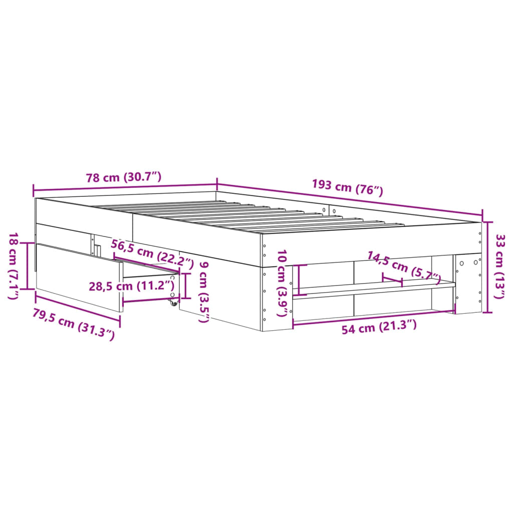 vidaXL Posteljni okvir brez vzmetnice hrast 75x190 cm inženirski les