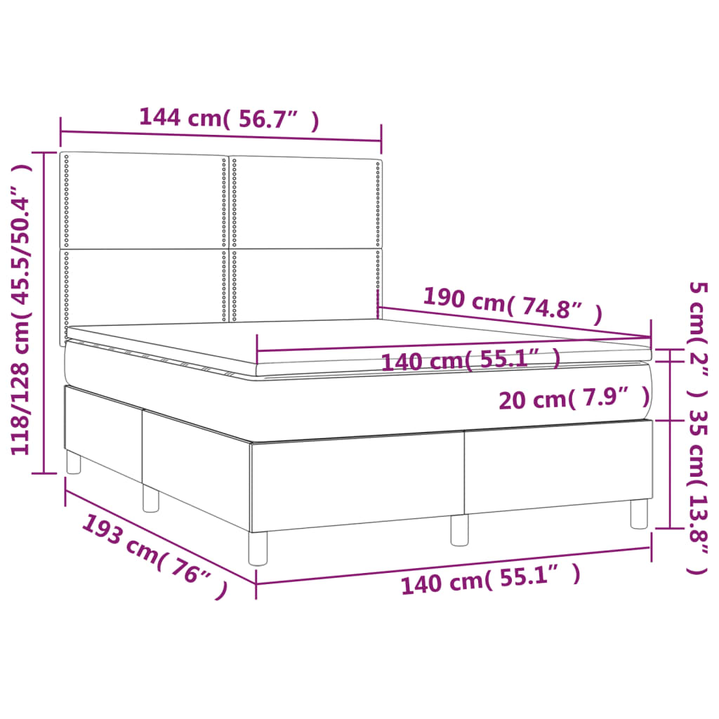 vidaXL Box spring postelja z vzmetnico LED temno modra 140x190cm žamet