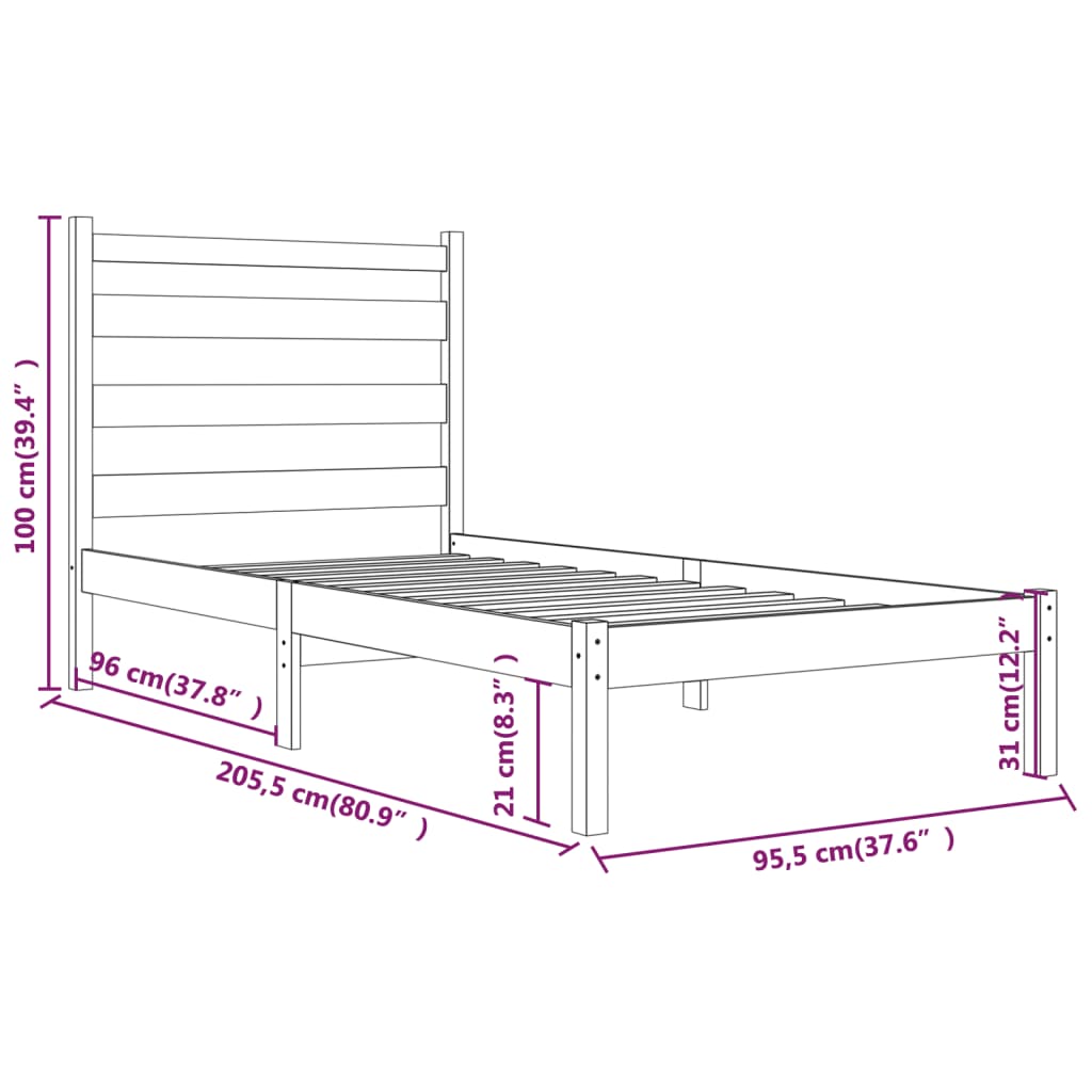 vidaXL Posteljni okvir iz trdne borovine 90x200 cm