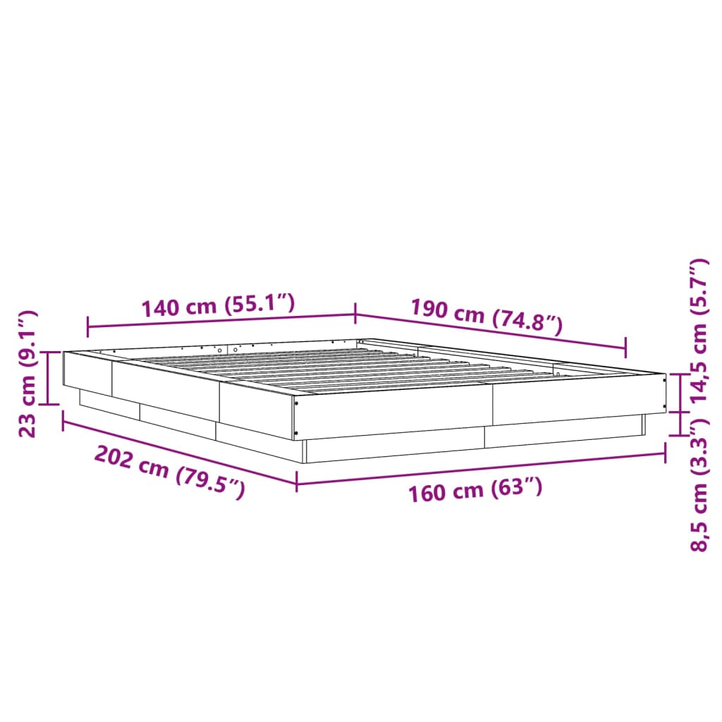 vidaXL Posteljni okvir z LED lučkami betonsko siv 140x190 cm inž. les