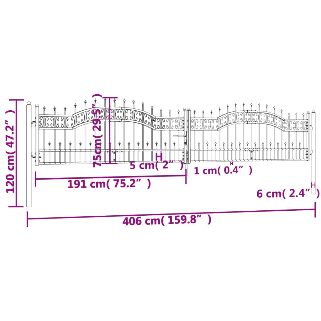 vidaXL Vrata za ograjo s suličastim vrhom črna 406x120 cm prašno jeklo