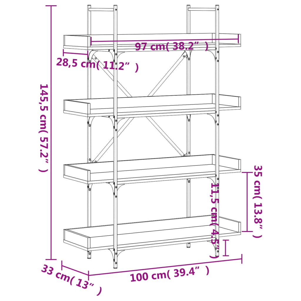 vidaXL Knjižna omara 4-nadstropna sonoma hrast 100x33x145,5cm inž. les