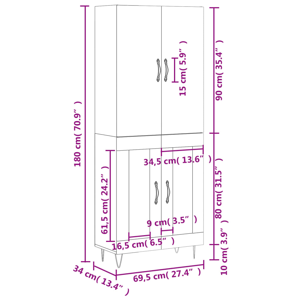 vidaXL Visoka komoda črna 69,5x34x180 cm inženirski les