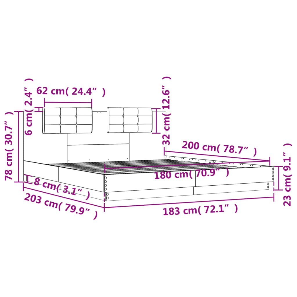 vidaXL Posteljni okvir z vzglavjem in LED rjavi hrast 180x200 cm