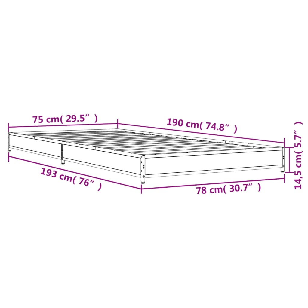 vidaXL Posteljni okvir siva sonoma 75x190 cm inženirski les in kovina