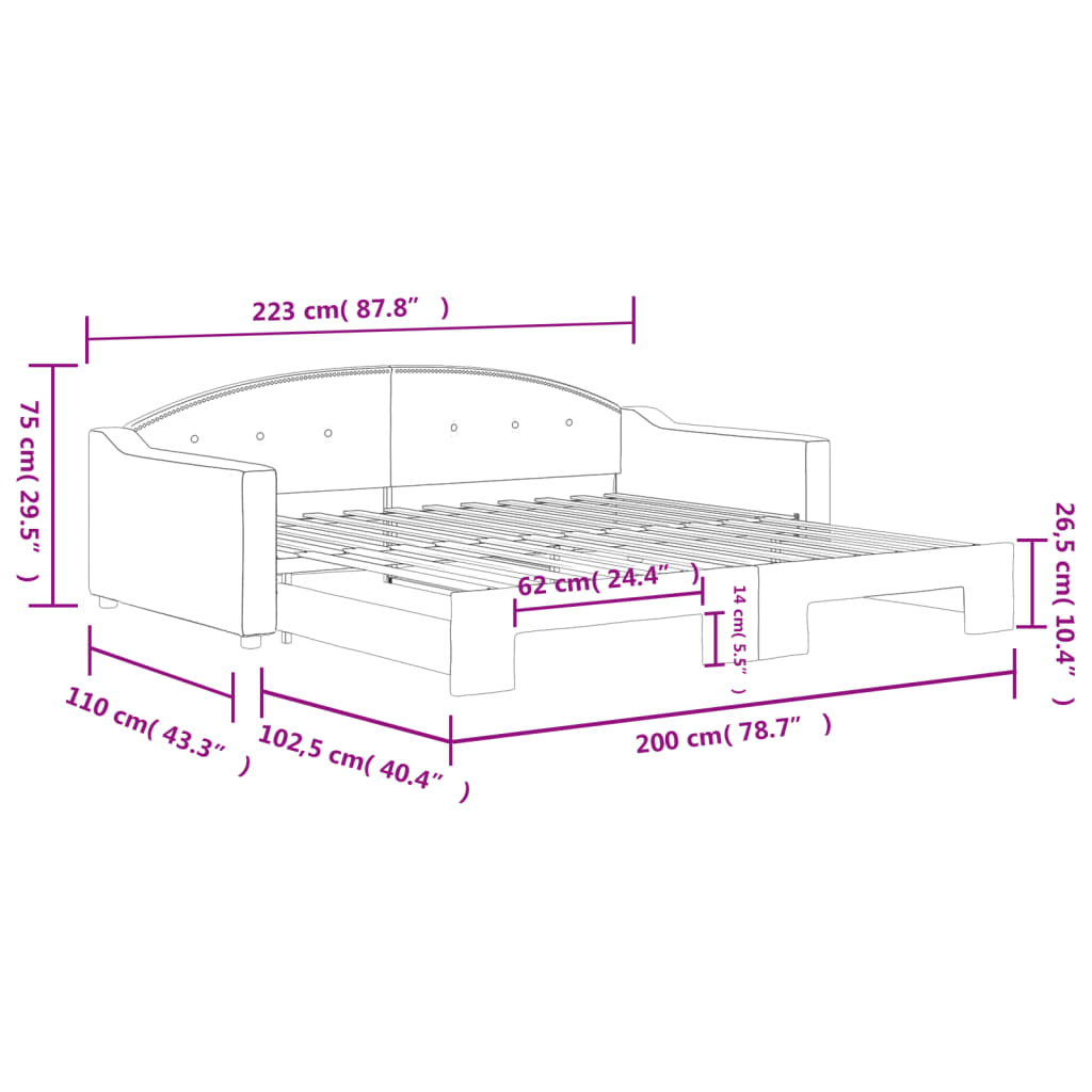 vidaXL Izvlečna dnevna postelja črna 100x200 cm blago