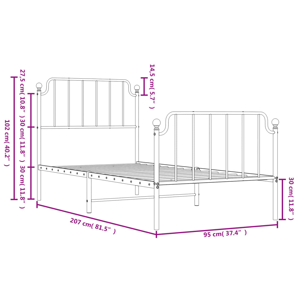 vidaXL Kovinski posteljni okvir z vzglavjem in vznožjem črn 90x200 cm