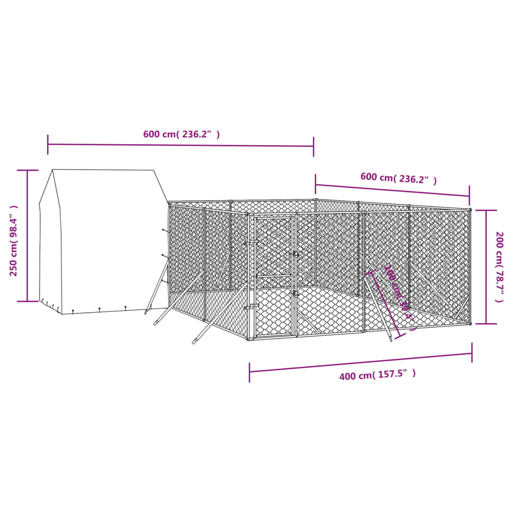 vidaXL Zunanja pasja ograda s streho srebrna 6x6x2,5 m pocinkano jeklo