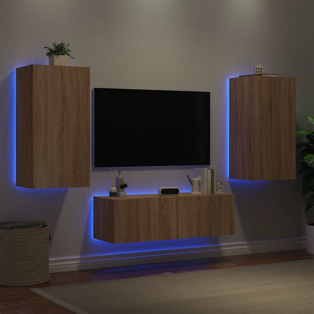 vidaXL Stenske TV omarice z LED lučkami 3 kosi sonoma hrast