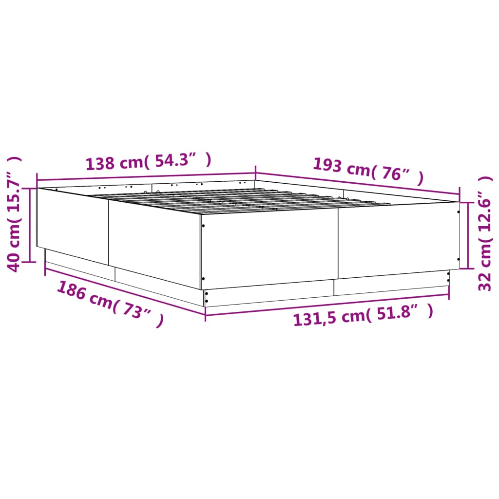 vidaXL Posteljni okvir z LED lučkami siva sonoma 135x190 cm inž. les