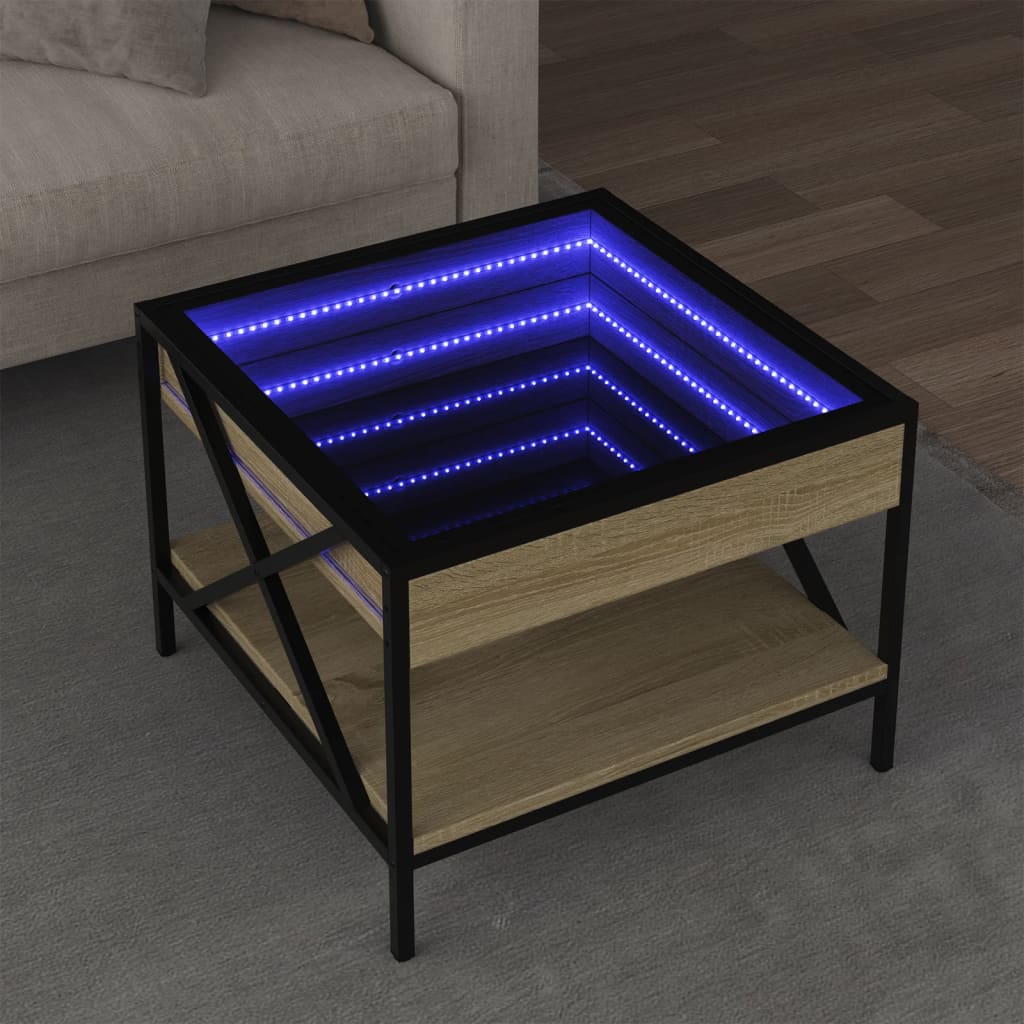 vidaXL Klubska mizica z neskončnimi LED sonoma hrast 50x50x38 cm